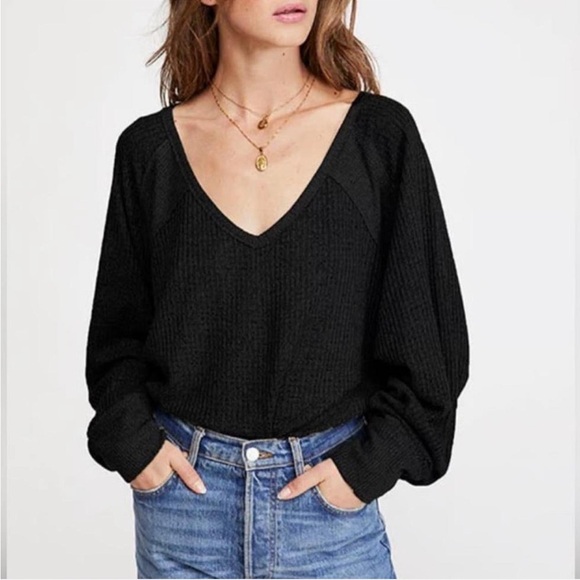 We the Free People Santa Clarita Waffle Knit Oversized Long Sleeve Top Black M - Picture 6 of 6